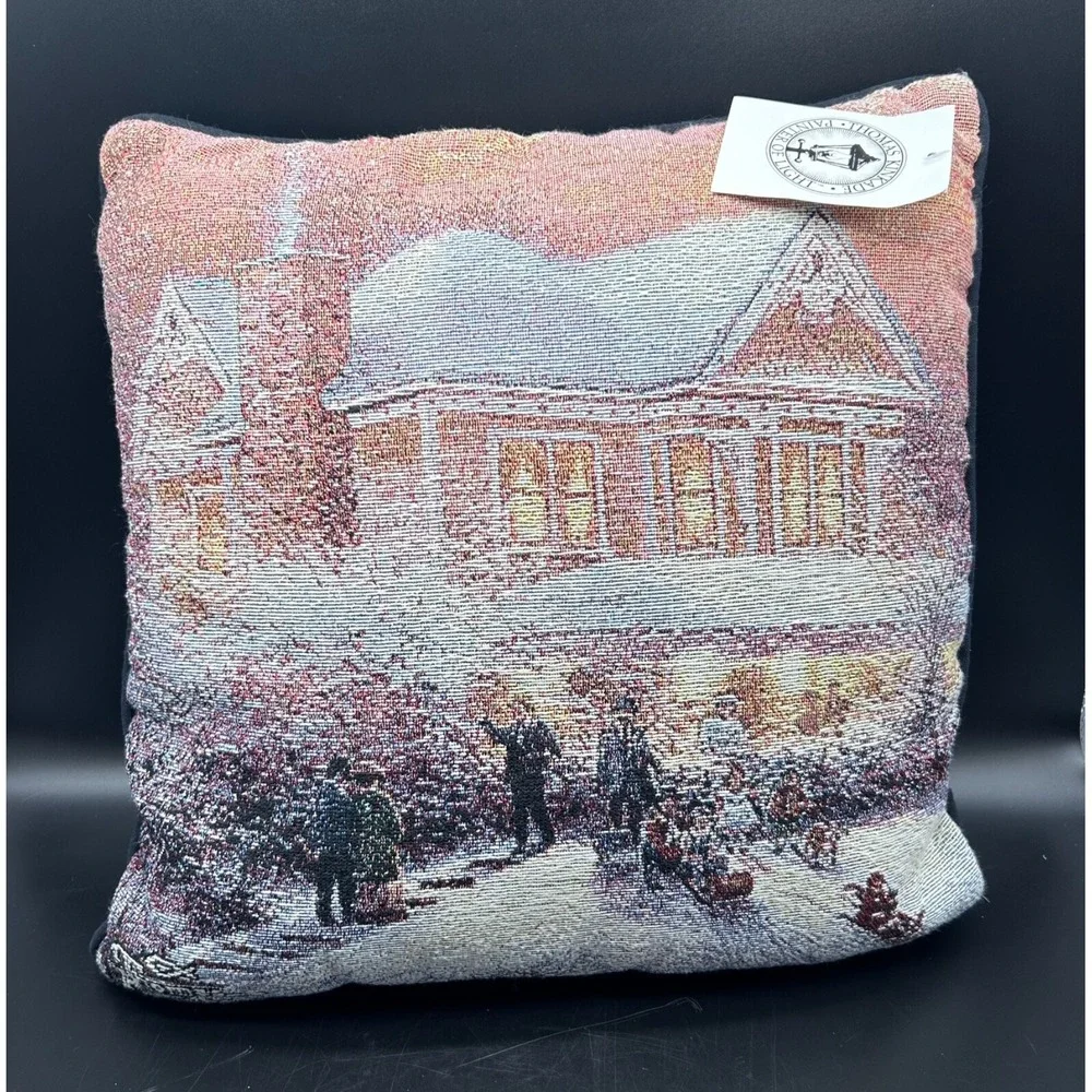 Thomas Kinkade Throw Pillow Tapestry Victorian House Christmas Winter Sled New
